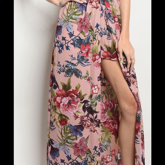 Mauve Floral Print Sleeveless Romper Maxi Style - Picture 3 of 16
